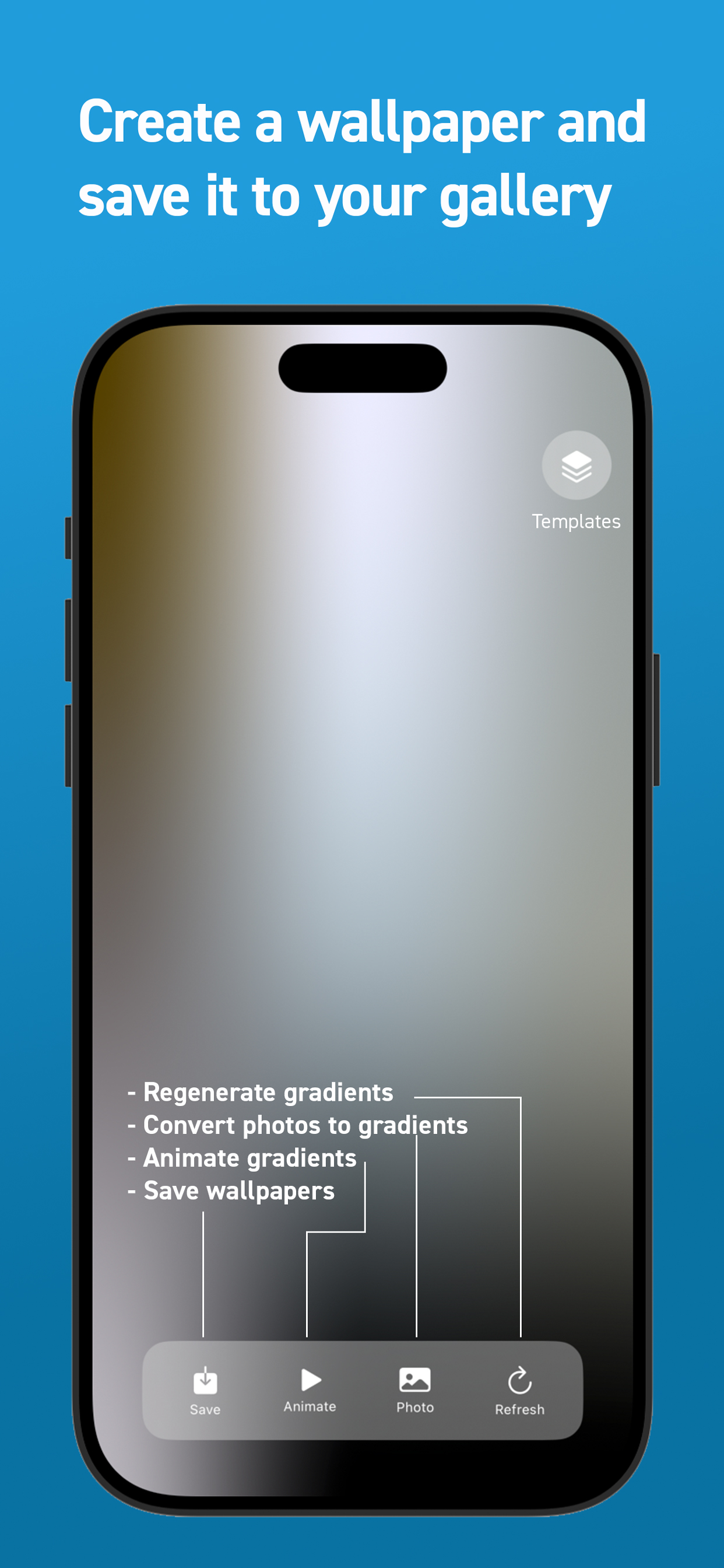 GradientBlender app interface showing gradient creation process with color picker and customization options